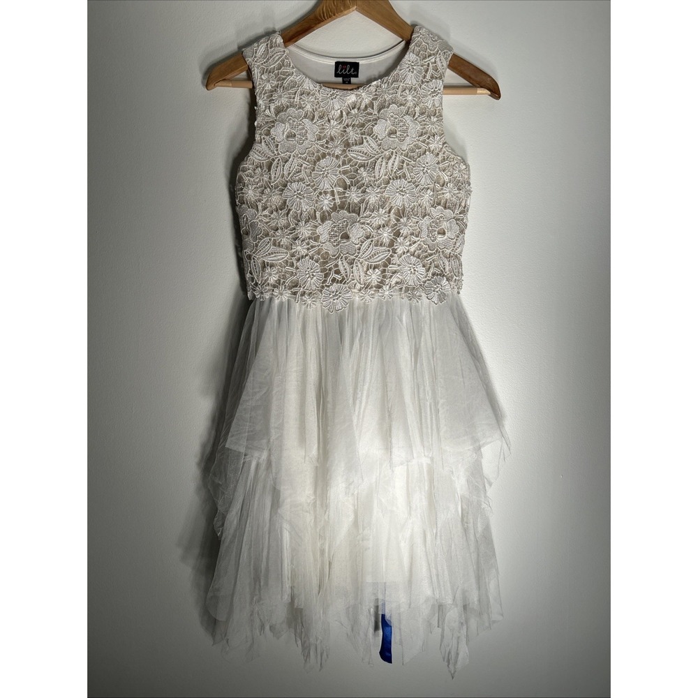 Lilt Girls Tulle White Cream‎ Lace Blue Bow Dress Size 16